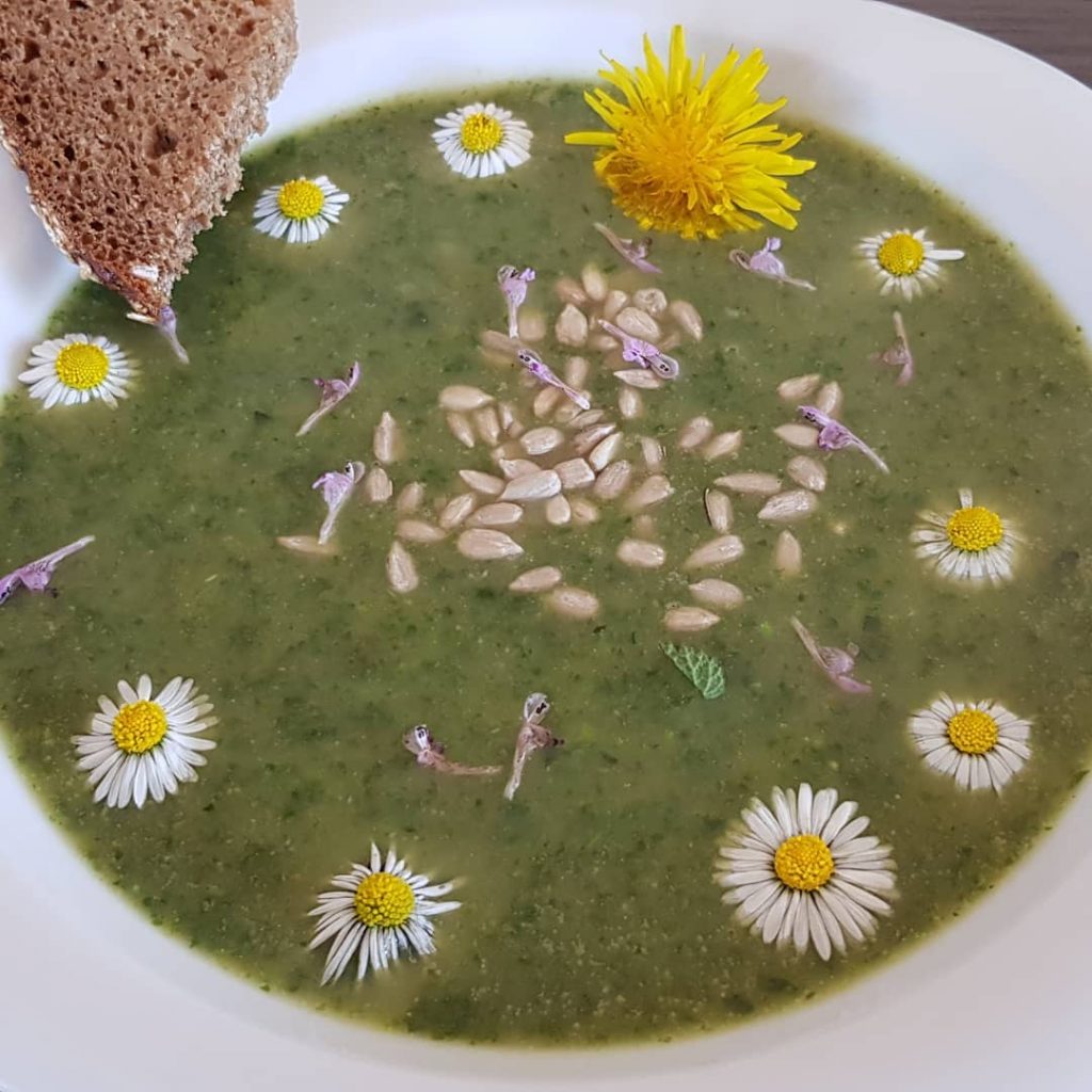 Grüne Kräutersuppe mit Sonnenblumenkernen, Gänseblümchen, einem Löwenzahnblütenkopf und einer Scheibe Vollkornbrot am Tellerrand.